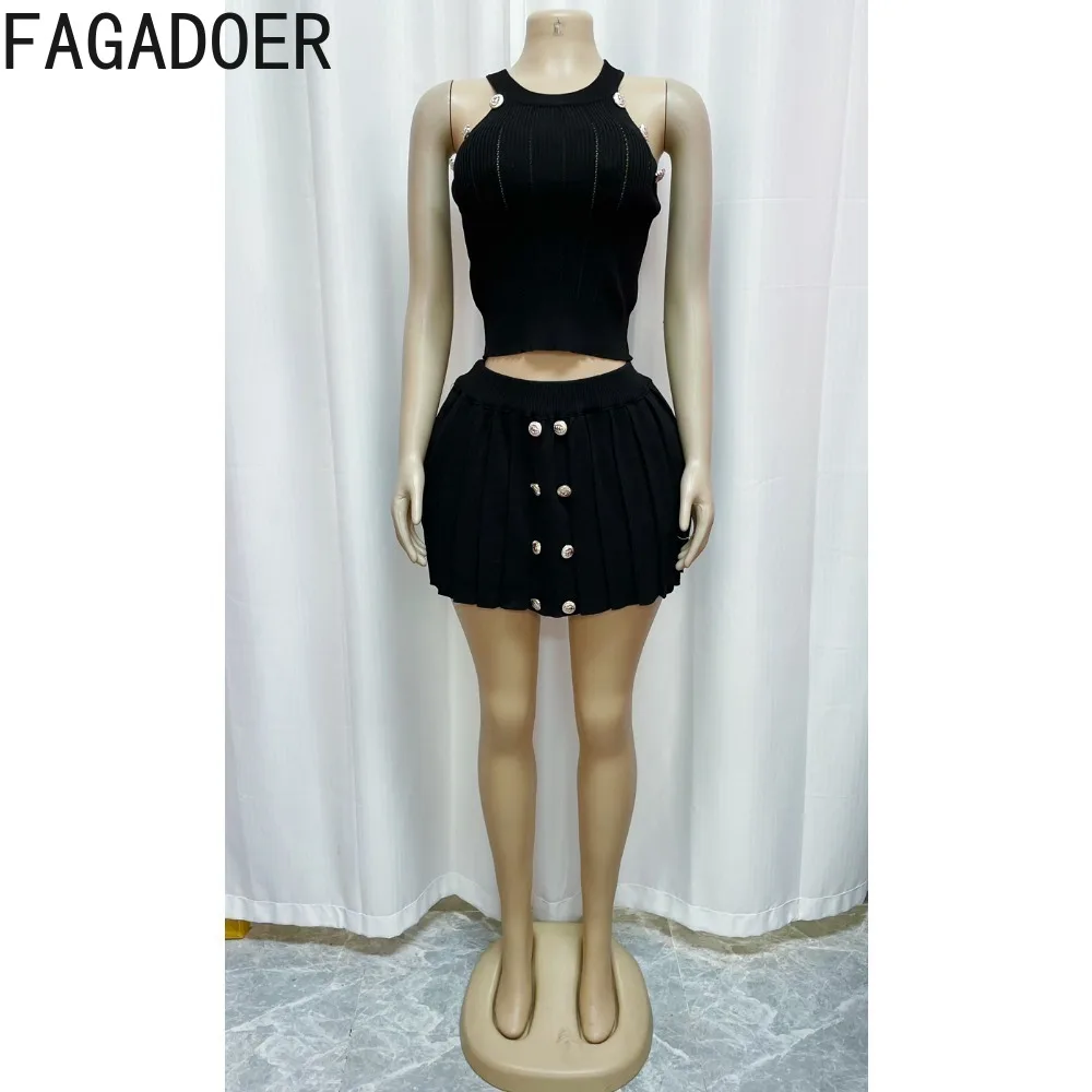 FAGADOER Summer New Solid Ribber Two Piece Sets Women Round Neck Sleeveless Crop Top And Pleated Mini Skirts Outfits Streetwear