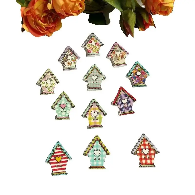 50pcs Small House Shaped Buttons 2-Hole Decorative Sewing Accessories for Scrapbooking Clothes Crafts