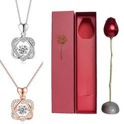 Creative Love Heart Necklace Set with Rose Simulation Flower St Valentin Jewelry Box Birthday Valentines Day Gift for Girlfriend
