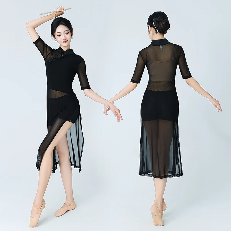 Vintage Chinese Style Stand Collar Dance Wear Dress Women Summer Bodycon Sheer Slit Midi Dress Sexy Transparent Black Mesh Dress