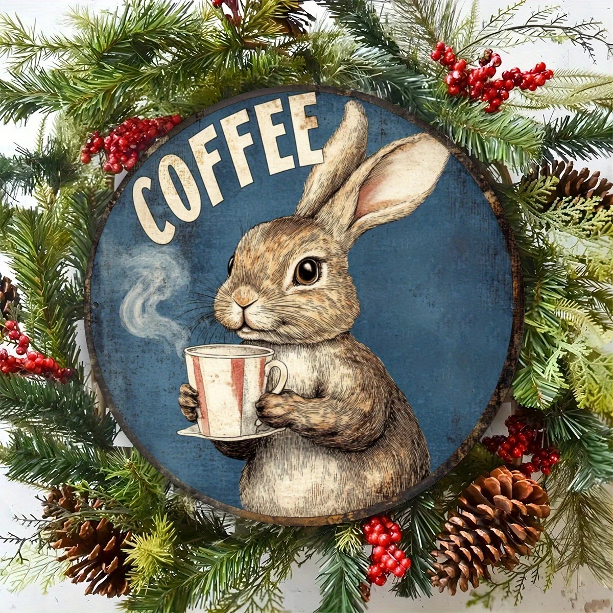Eine runde Holzplatte mit grauem Kaninchen-Trinktee-Thema, rund, 20,3 cm, elegante Dekoration für Zuhause, Bar, Café, Gartentor, Weihnachtsgeschenk