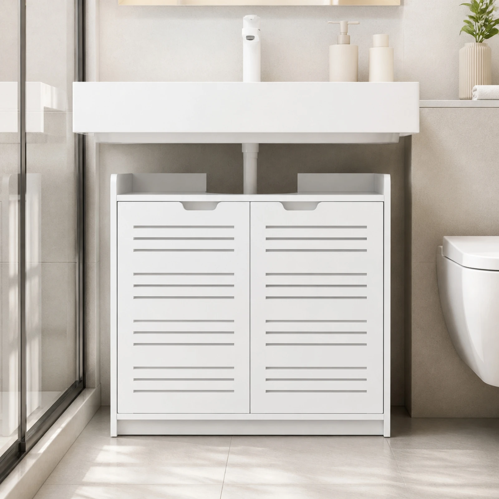 Under-Sink Organizer Space-Saving Floor-Standing Bathroom Cabinet with Slatted Doors Cupboard Slim