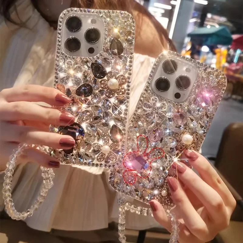 

New Gemstone Bunny Full Screen Crystal Phone Case with Crystal Bracelet Suitable foriPhone 16 Pro Max