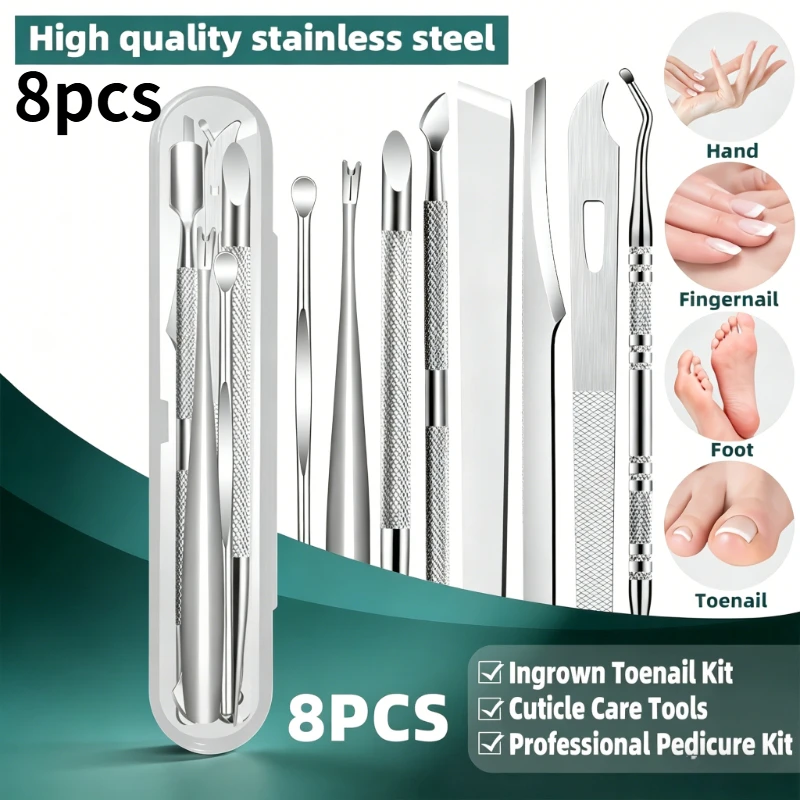 8pcs Stainless Steel Pedicure Tools for Hand And Foot Care,Including a Cuticle Pusher,Nail File,And Multi-Tool for Ingrown Nails