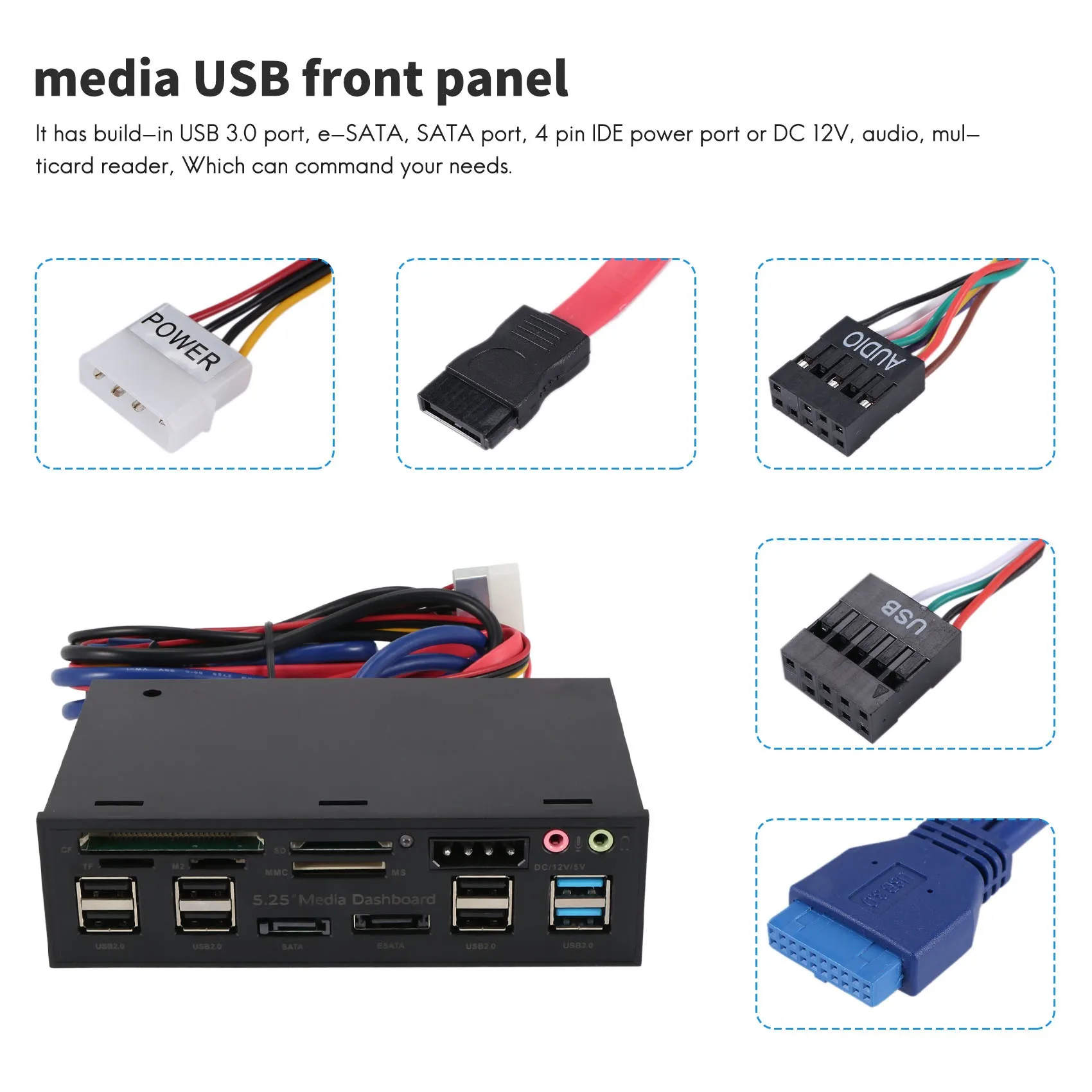 Multifunktionaler 5,25-Zoll-Medien-Armaturenbrett-Kartenleser USB 2.0 USB 3.0 20-poliger E-SATA SATA-Frontplatte