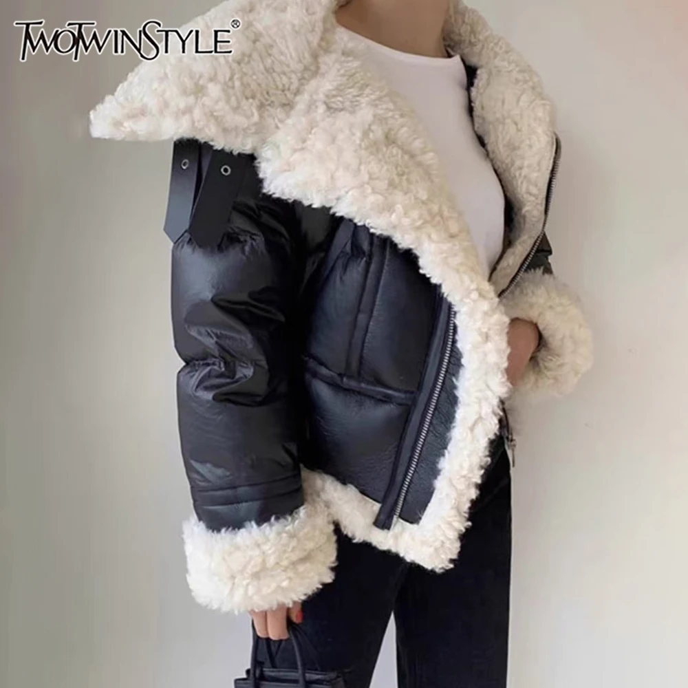 TWOTWINSTYLE Colorblock Casual Parkas For Women Lapel Long Sleeve Patchwork Zipper Thick Chic Coat Female Fashion Style Clothing