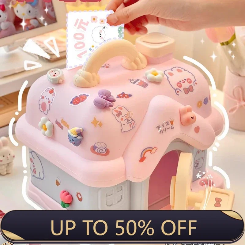 Cute House Shape Money Bank with Key Lock Cute Saving Box for Girls Birthday Gift Ideal for Kids Room Desktop Decor Piggy Bank