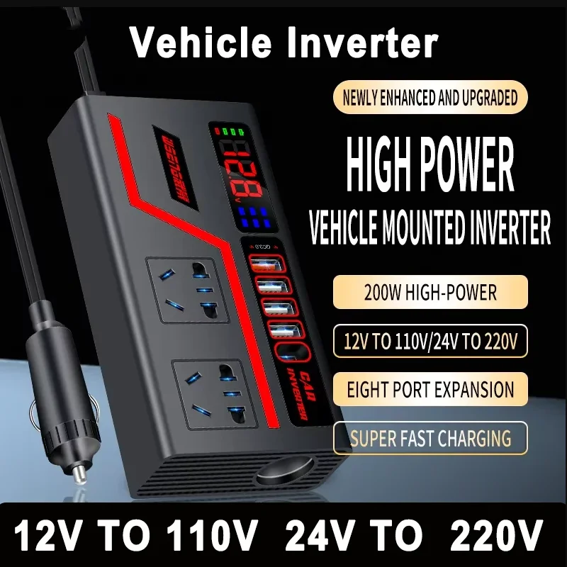 Car Inverter Flash Charging Digital Display 12V To 110V, 24V To 220V Cigarette Lighter Converter Power Strip English