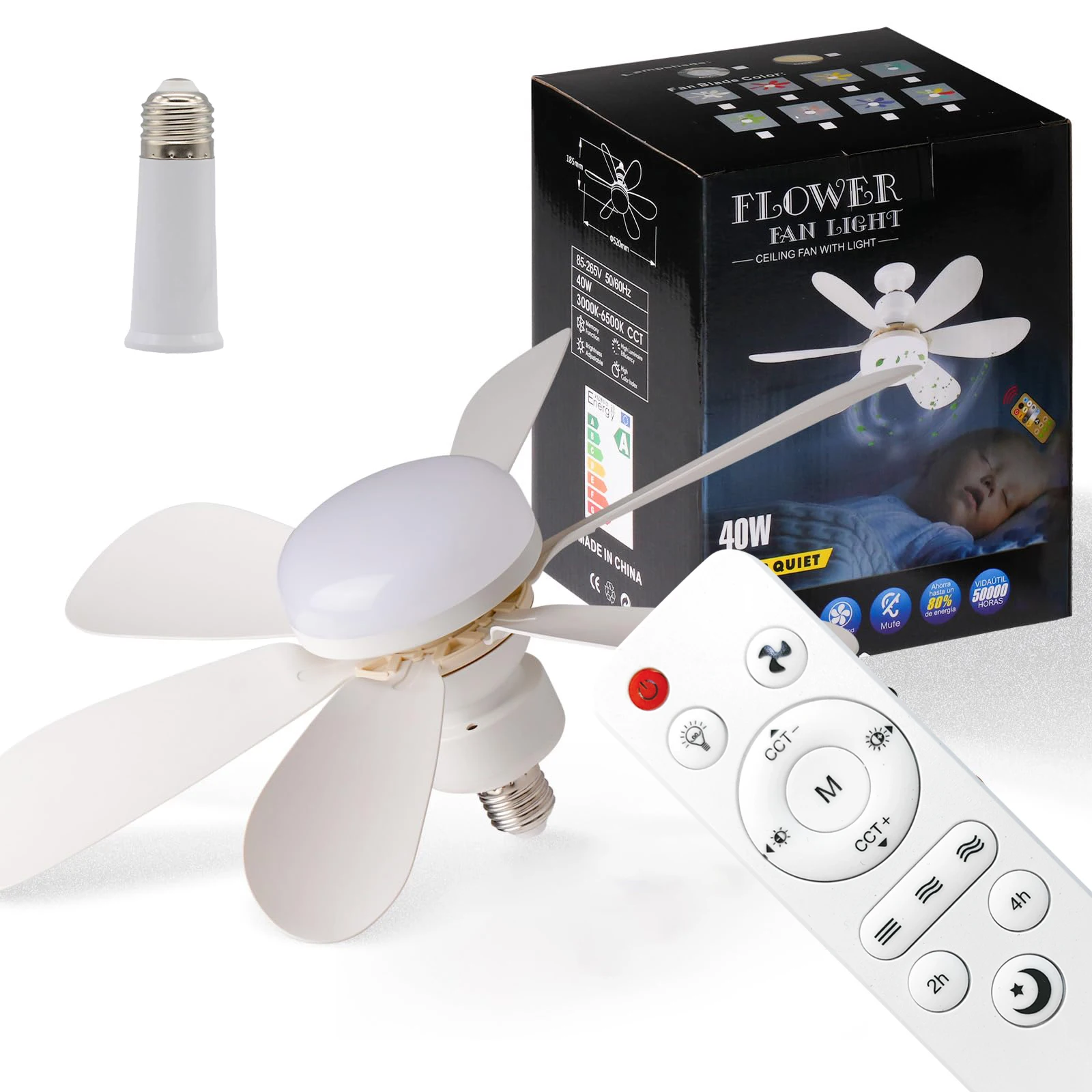 

LED Socket Ceiling Fan with Light, 20.5in Screw Ceiling Fans with Lights with Remote, for Bedroom/Garage/Kitchen