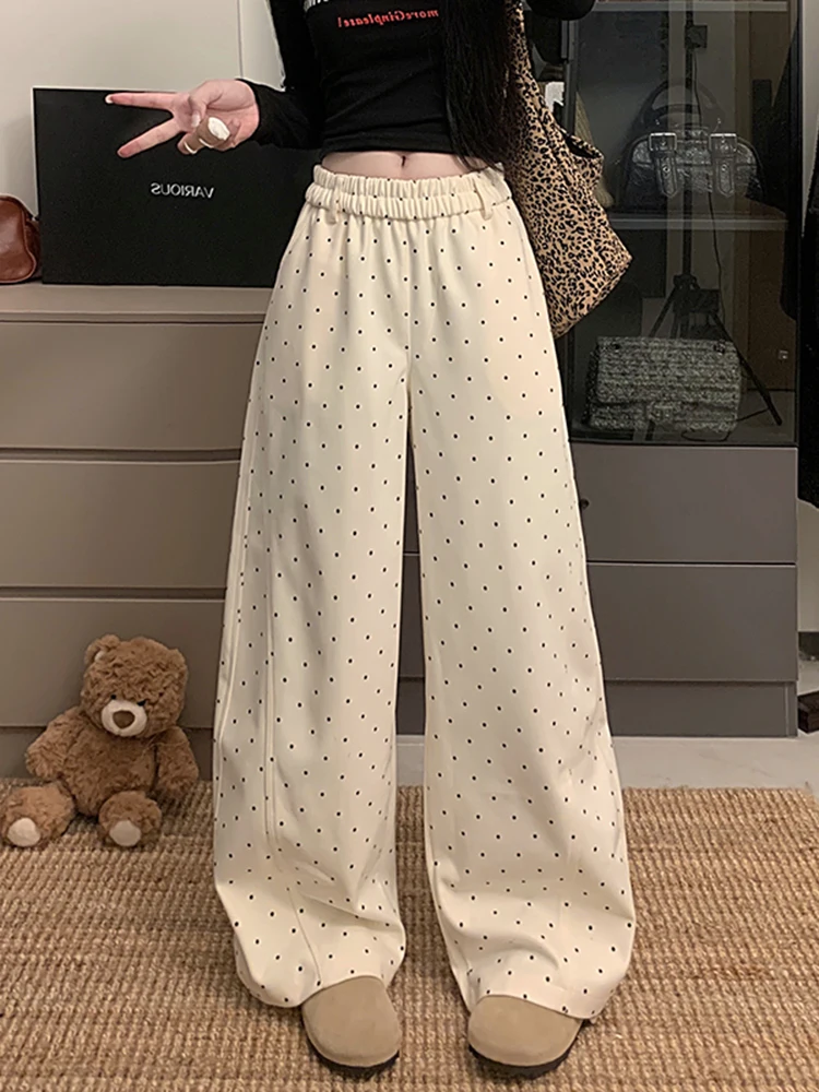 Koreańskie wełniane spodnie w grochy, damskie, z wysokim stanem, proste nogawki, luźne, szerokie nogawki, jesień-zima, nowość