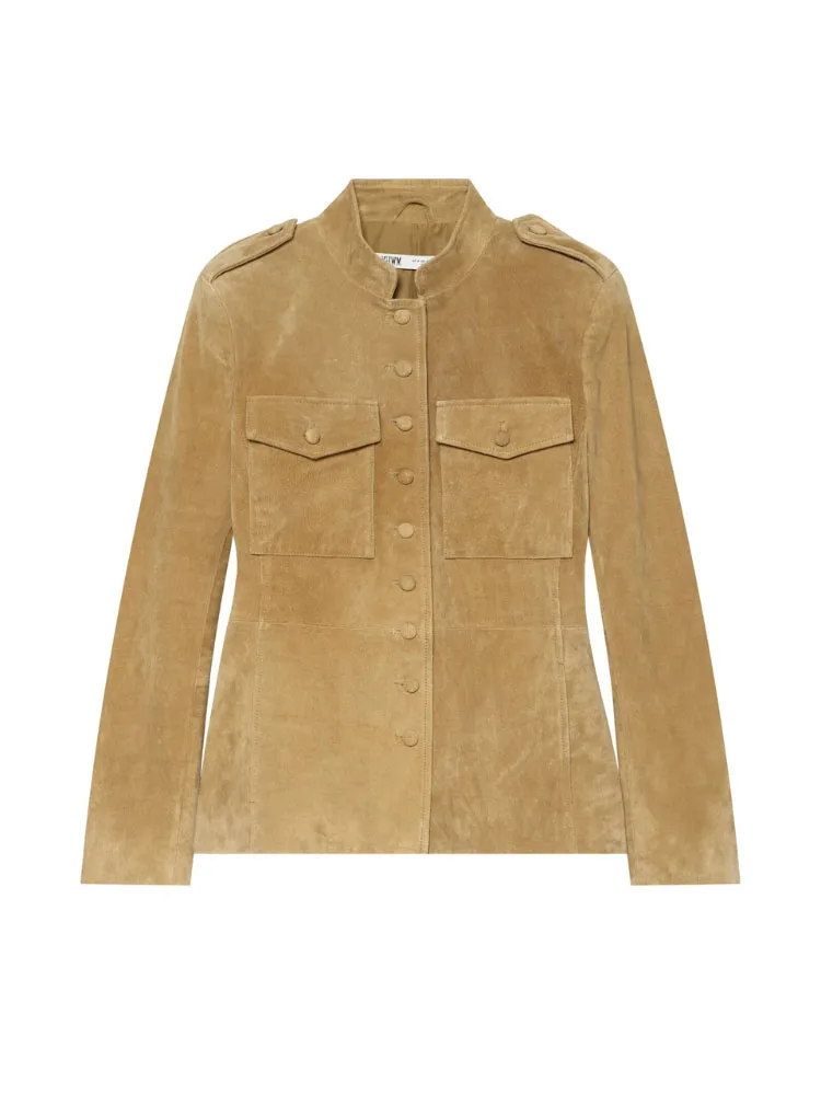 HH Vacation Casual Camel Faux Suede Stand Collar Jacket Women Fall Single Breasted Epaulettes Slim Waist Travel Chic Outerwear
