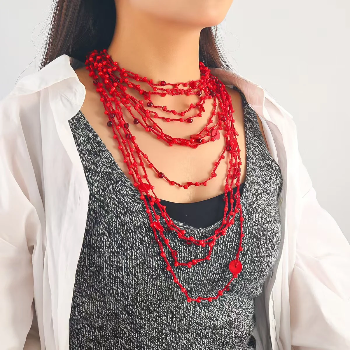 Z Bohemian Coral Geometric Beaded Long Vintage Necklace