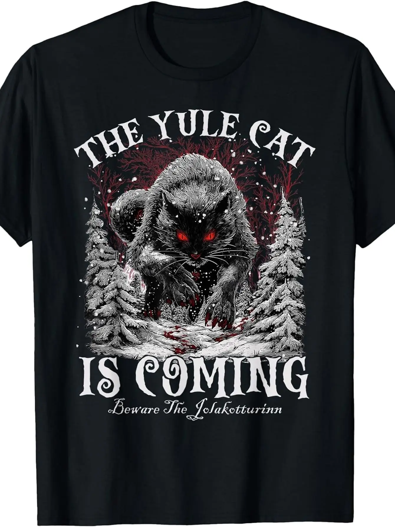 Creepmas Yule Cat Iceland Jolakotturinn Pattern T-shirt Terrifying Christmas Cat Print Short Sleeved Round Neck T-shirt