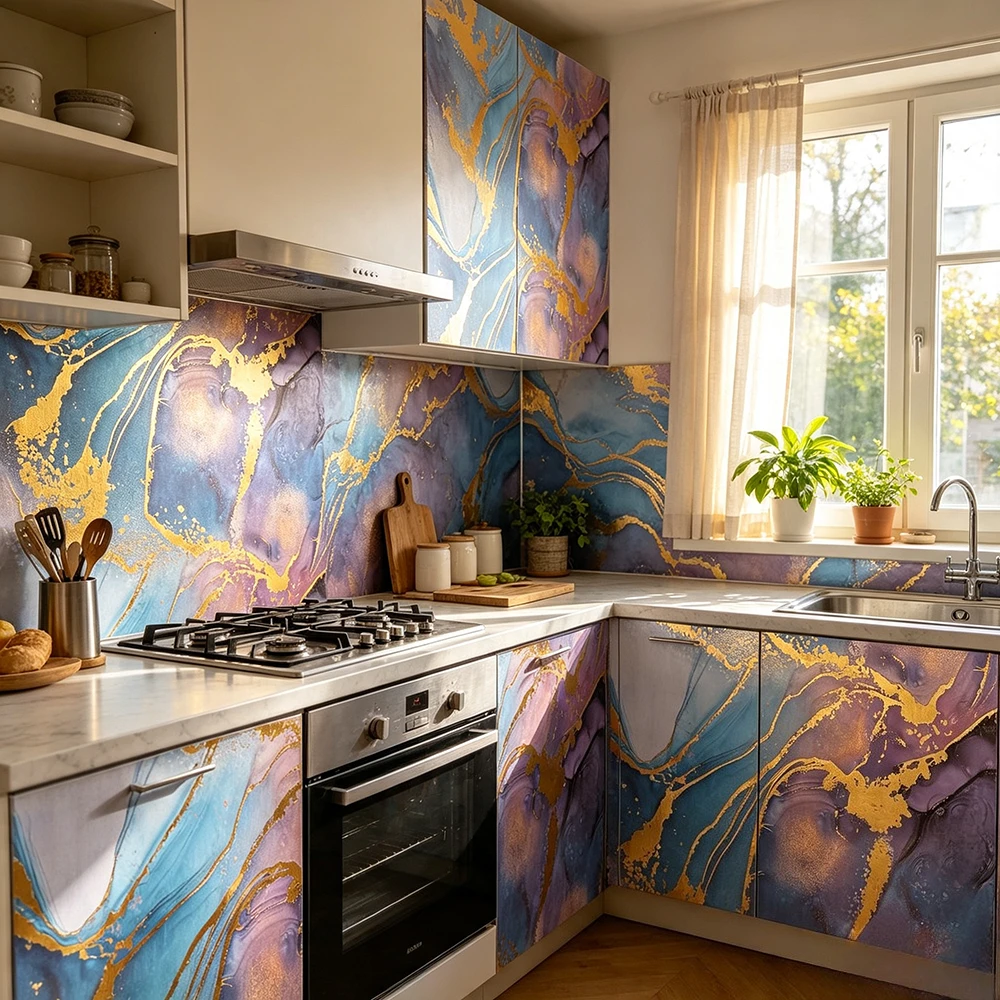 Luxury Ink Flow Blue Violet Golden Marble Self Adhesive Wall Sticker waterproof Cabinet Furniture Refurbish Vinyl Film