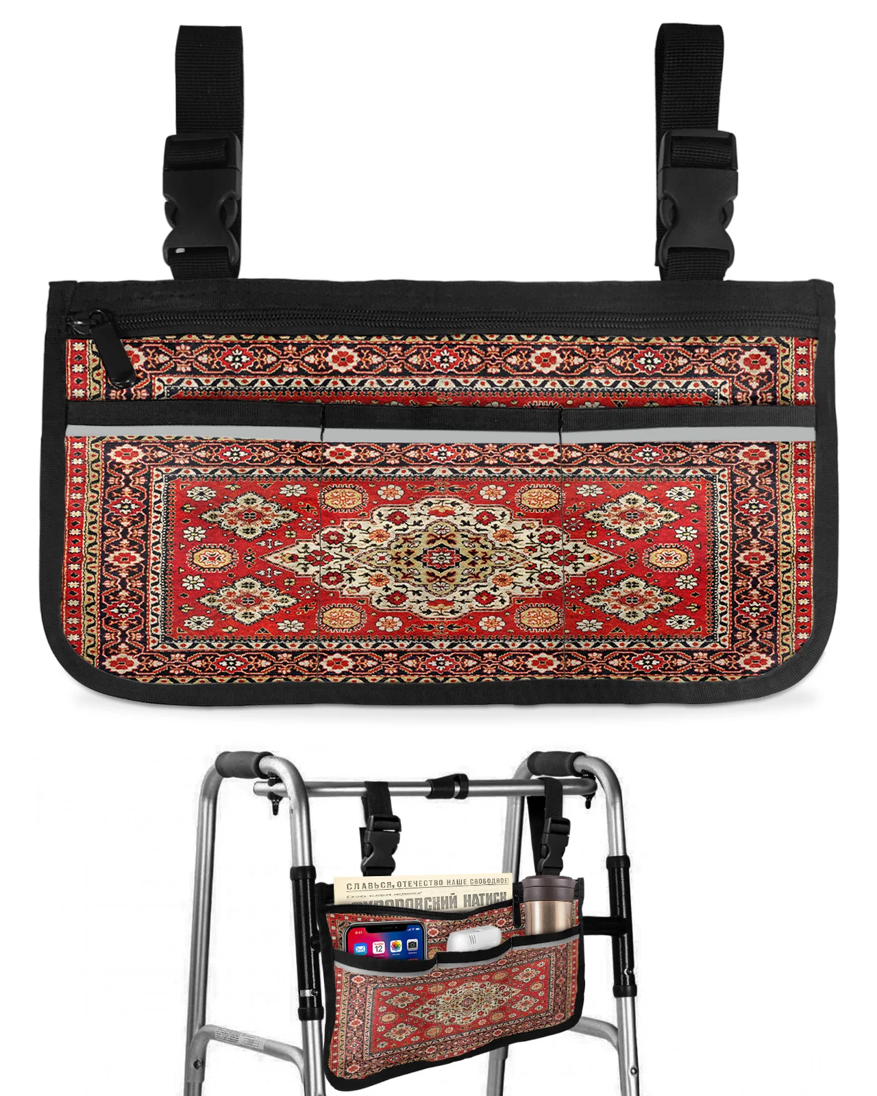 Vintage Flower Indian Bohemia Wheelchair Bag With Pockets Armrest Side Bags Electric Scooter Walking Frame Storage Pouch