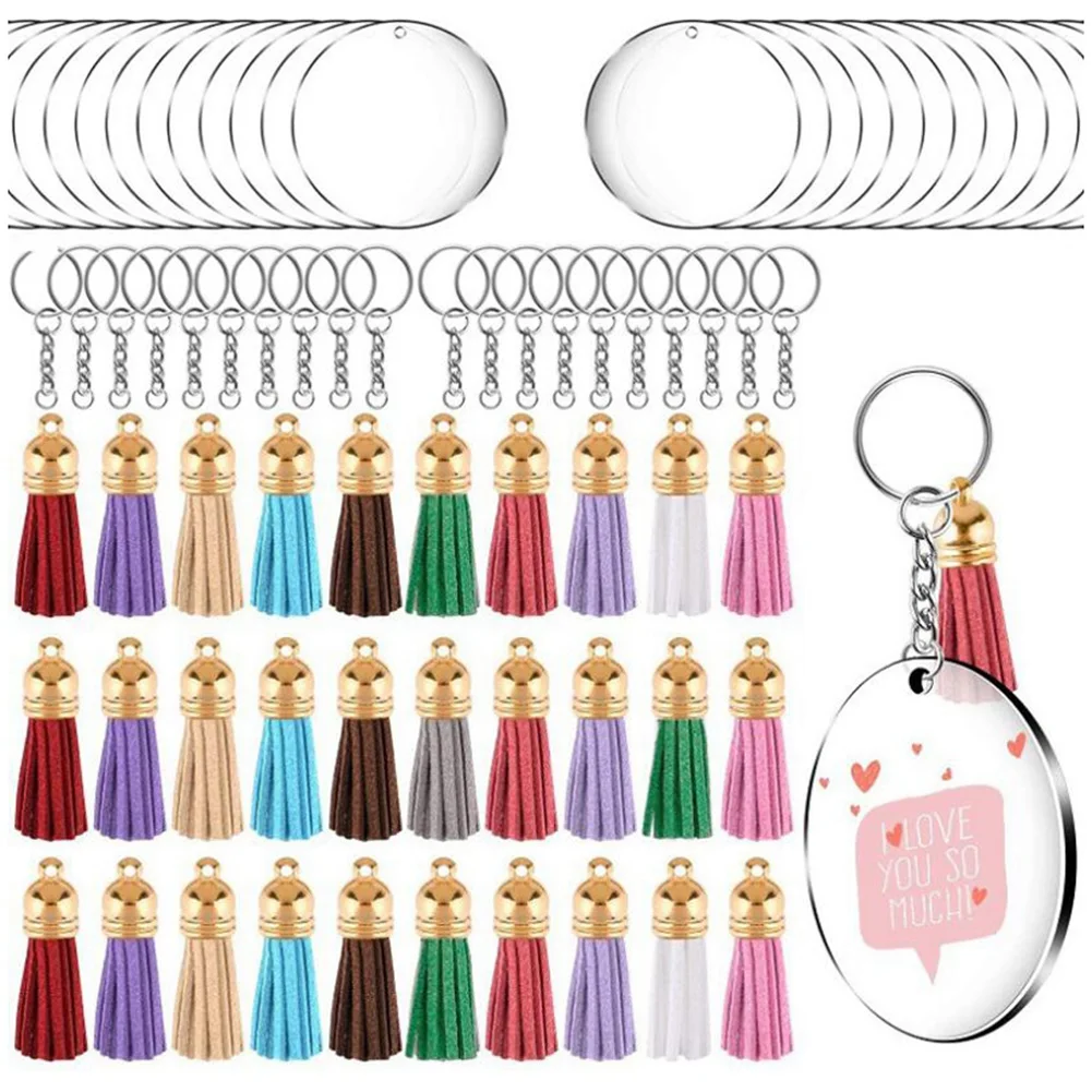 Acrylic Circle Keychain Blanks Clear Kit 120Pcs for Cricut Vinyl Project, Including Acrylic Disc Blanks, Tassels, Golden