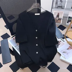 2023 women summer wear big size women clothing women Tops show thin 100/150kg Short Sleeve Cardigans T-shirt