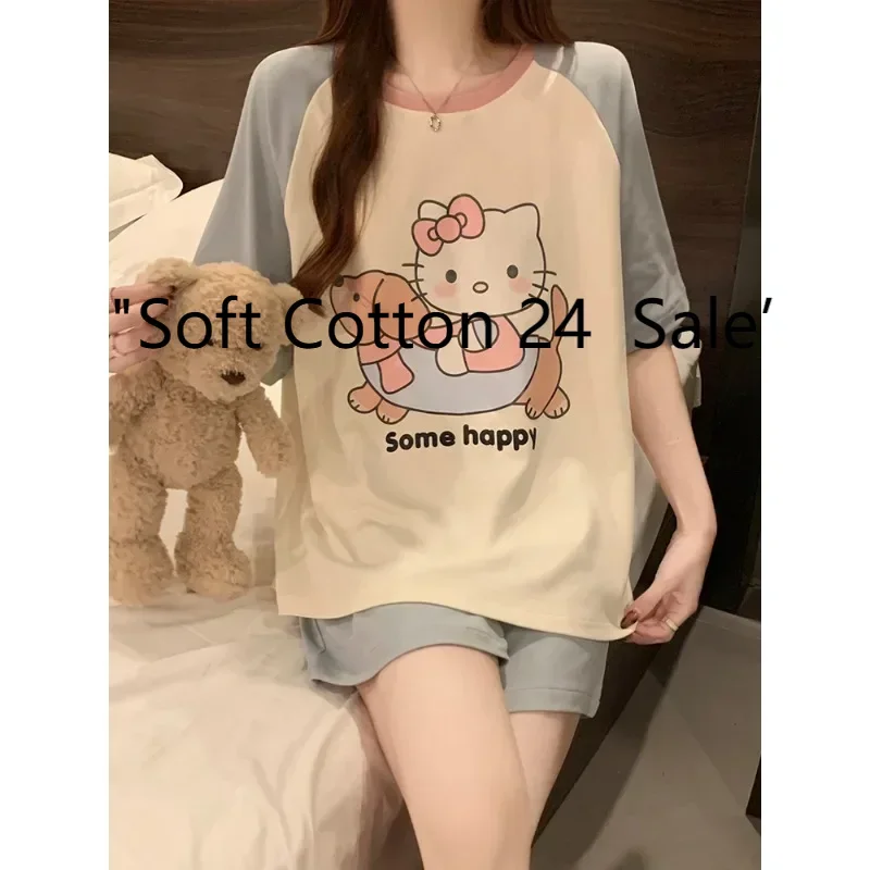 

New cartoon cute Hello Kitty pajamas, summer women's casual pajamas set, Sanrio Hello Kitty sweet loungewear two-piece set