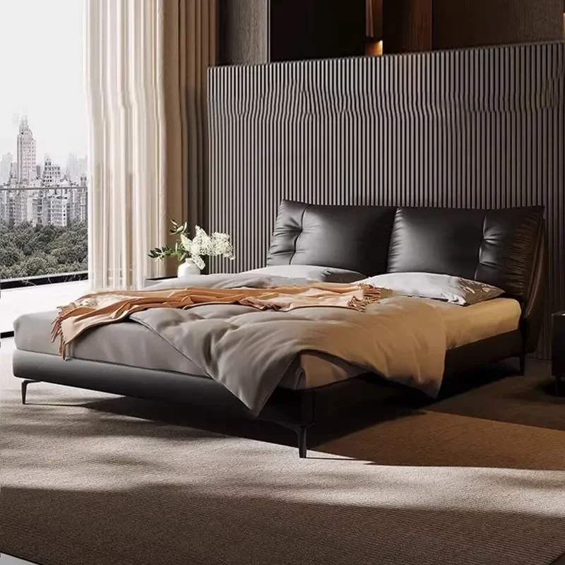 Italian Minimalist Leather Bed Modern Luxury Silent First Layer Cowhide Double Frame for Master Bedroom