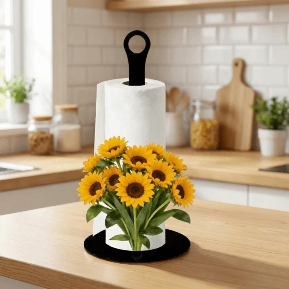 2D Flat Acrylic Roll Paper Towel Holder Sunflower Floral Wooden Base Vertical Napkins Rack Decorative Freestanding Tissue Holder