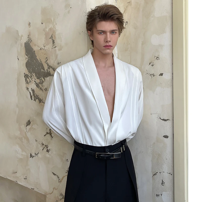 LUZHEN 2025 جديد فاخر أنيق شريطي محكم كبير الخامس الرقبة طويلة الأكمام قمصان الرجال موضة عالية الجودة بلون القمم JY3244 #2