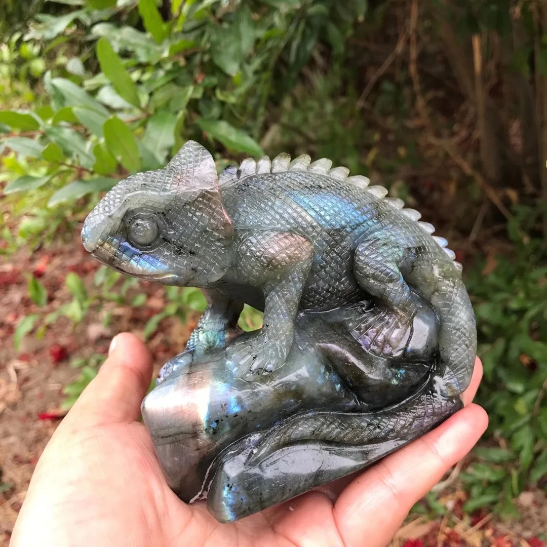 1 Pc Natural Stone Labradorite Handmade Carved Lizard Cabrite Carving Animal Statue Crystal Craft Gift Home Decoration