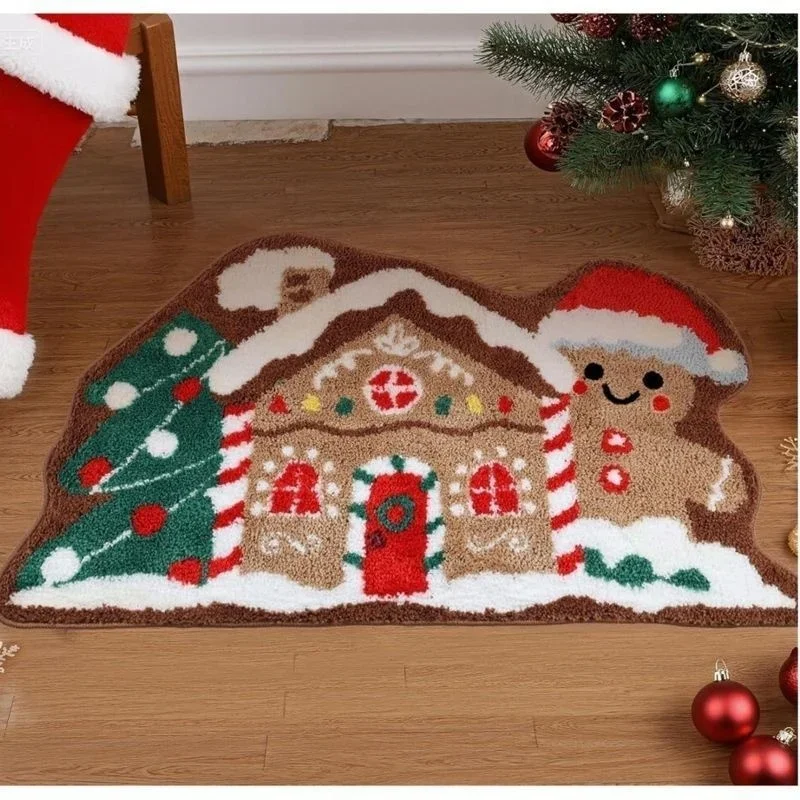 80x120cm Christmas Rug Cartoon Gingerbread House Non Slip Door Mat Soft Faux Cashmere Bedroom Bedside Carpet Floor Decor