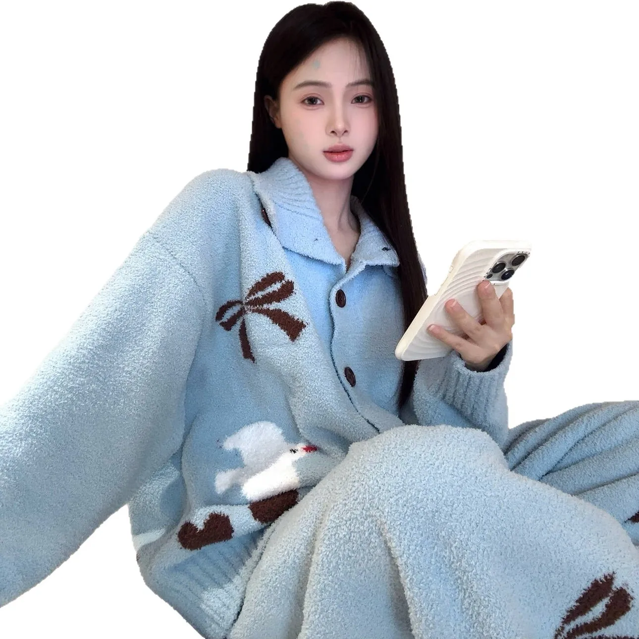 여성용 파자마 세트, 따뜻한 겨울 파자마, 니트 겨울 패션 홈웨어, 귀엽고 부드러운 파자마 세트