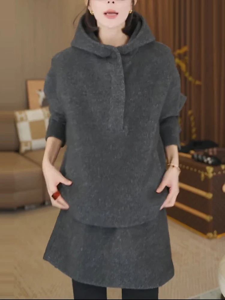 

Faionable Casual Hooded Jaet And Skirt Two-Piece Set Warm Sli Age-Defng Winter Outfit Korean Sle Ensemble