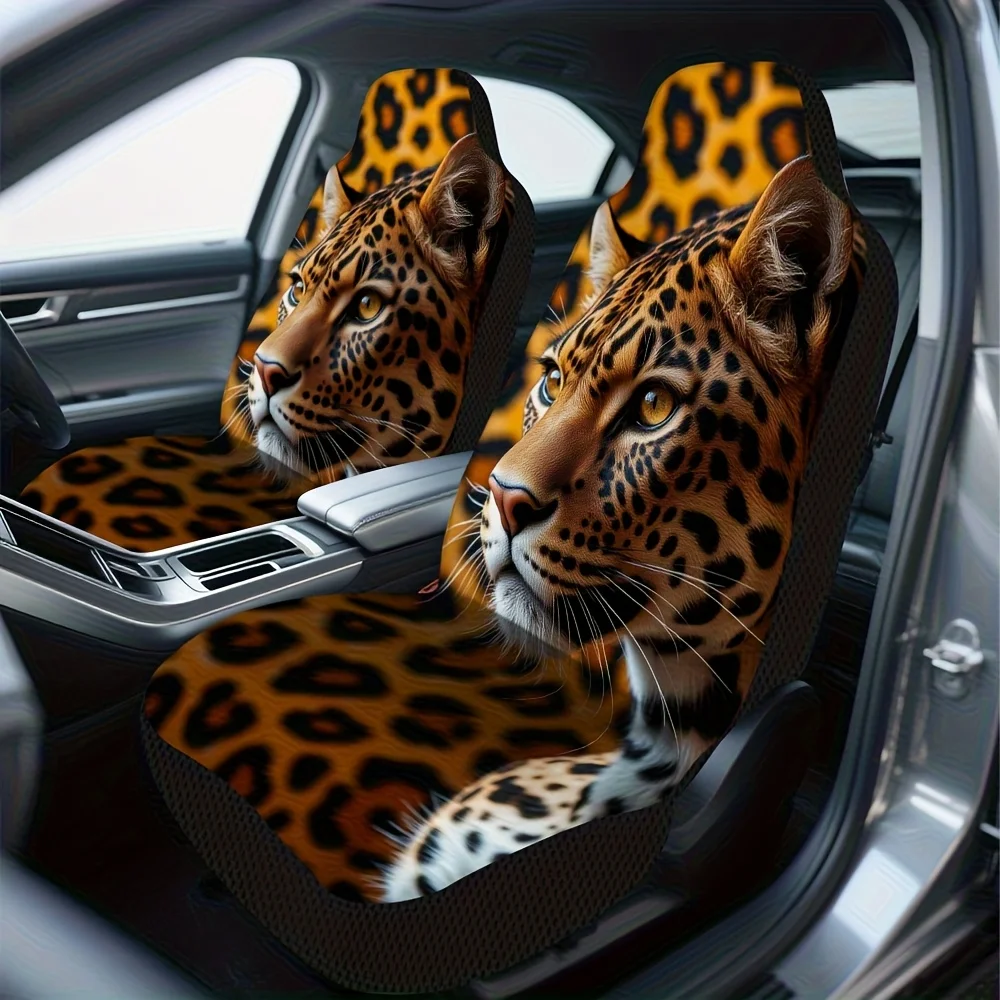 2pcs Leopard Portrait Animal Print Car Seat Covers | Comfortable, Foldable, Universal Fit, Polyester, Machine Washable, Stylish