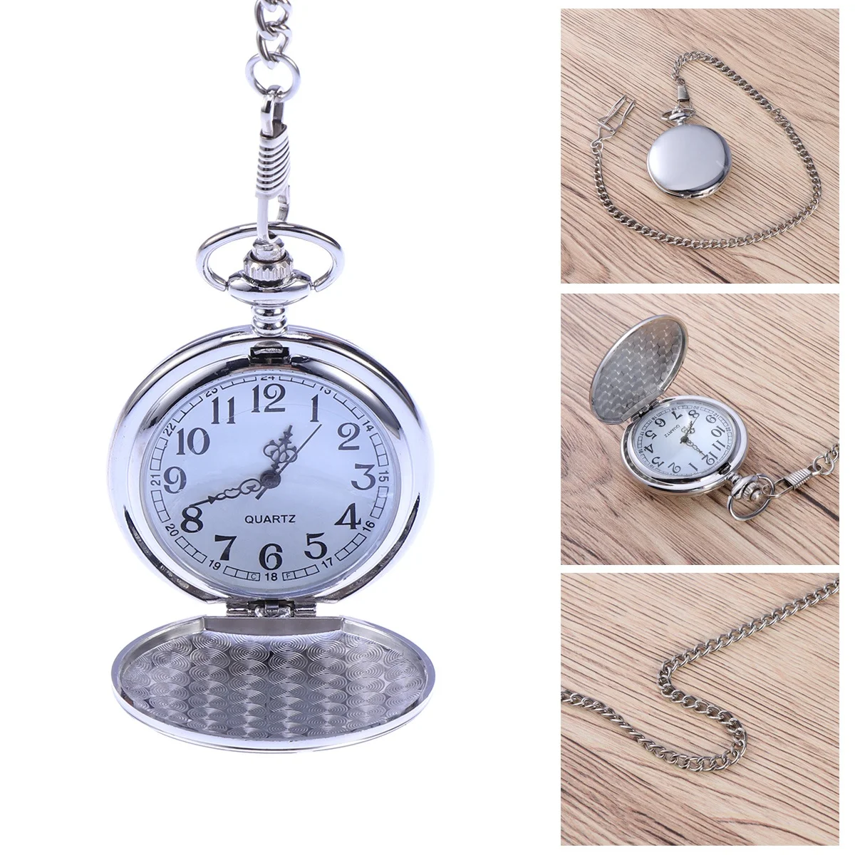 Vintage Men Pocket Watch Silver Stainless Steel Mechanical Movement White Arabic Numerals Dial 12-Hour Time Display Removable