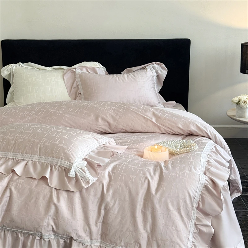 1000TC Egyptian Cotton Bow Jacquard Ruffles Princess Bedding Set Duvet Cover Flat/Fitted Bed Sheet Pillowcases 4Pcs