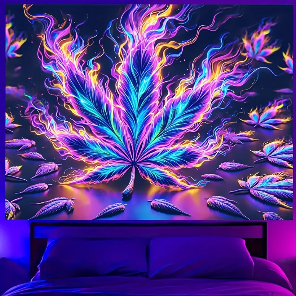 Neon Glow Weed Leaf Fluorescent Tapestry UV Blacklight Reactive Wall Hanging for Bedroom Living Room Dorm Decor