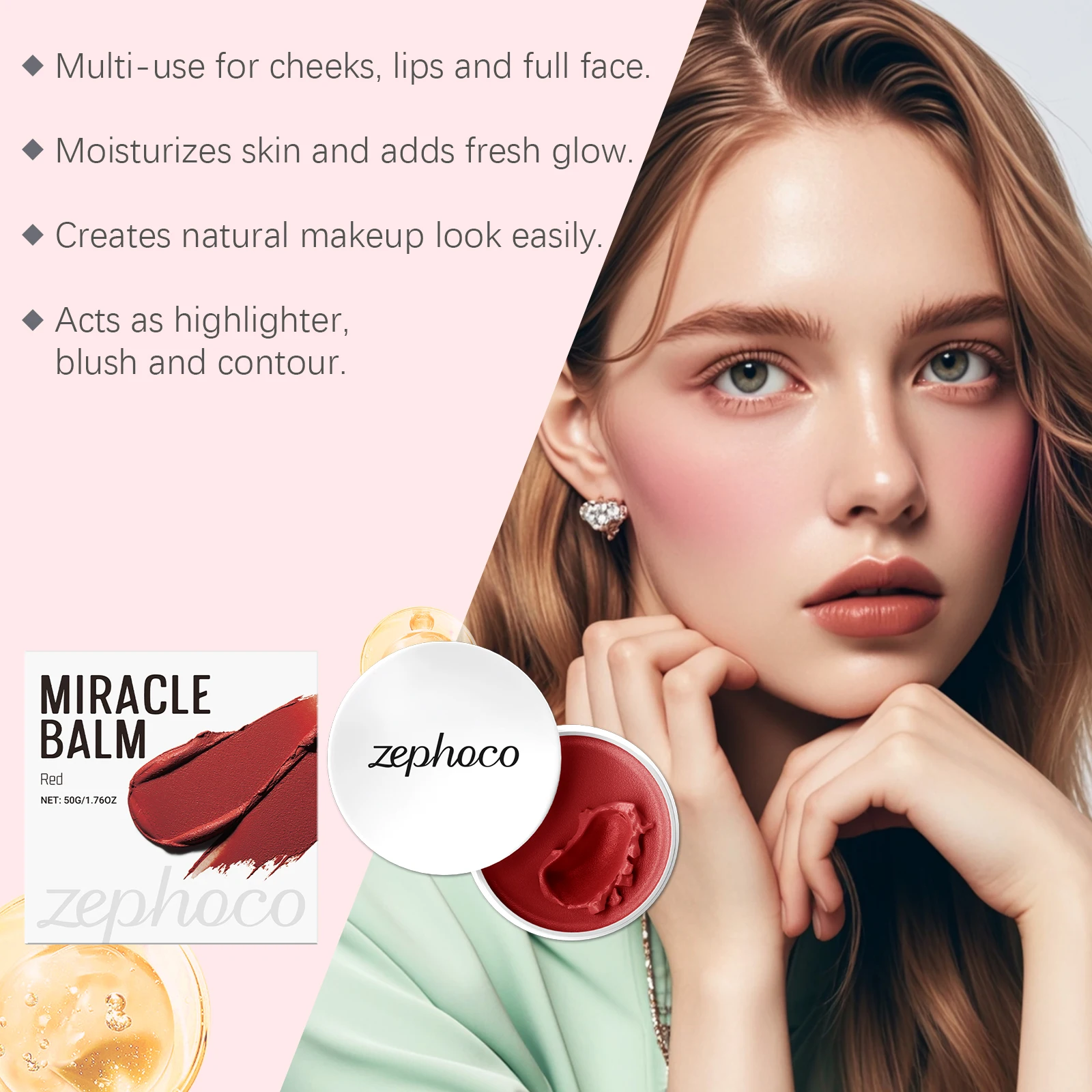 บลัชออนเนื้อฝุ่น 3 สี สำหรับแก้ม ปาก และใบหน้า บalm บำรุงผิว ติดทนนาน แต่งหน้าแบบธรรมชาติ บalm อเนกประสงค์ ไฮไลท์เตอร์ บลัชออน 50 กรัม