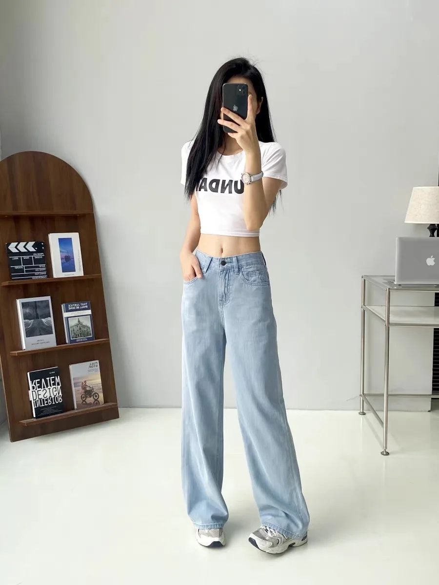 

Summer New Style Blue Thin Silk Straight Leg Jeans Women Slimming Wide Leg Pants Casual High Waist Long Pants Thin Denim