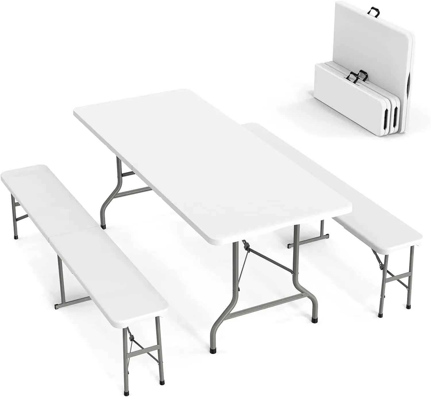 Picnic Table Set with 2 Benches, 6 Feet Camping Table Chair Set,3-Piece Folding Furniture for Indoor or Outdoor Use