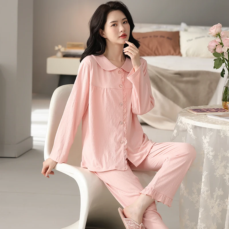 Women Lace Cardigan Nightwear Suit Autumn Long Sleeve Solid Color Pajamas Casual Lapel Homewear Big Yards M-4XL Pijamas Mujer