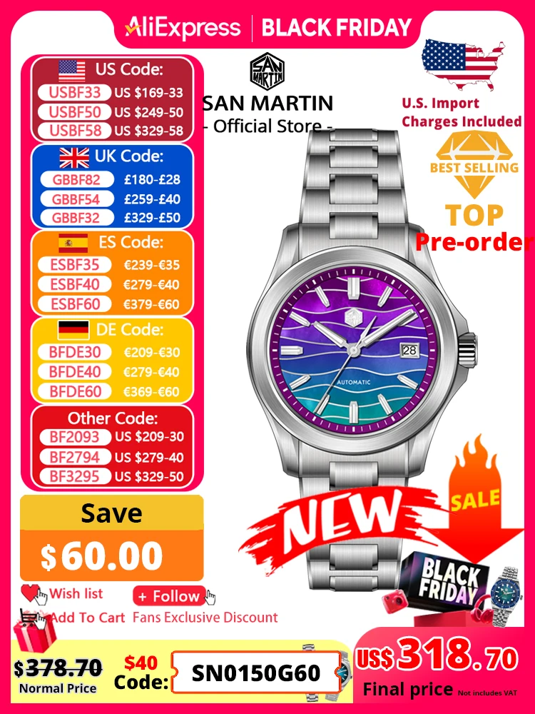 นาฬิกาข้อมือผู้ชาย San Martin รุ่นใหม่ ขนาด 39 มม. หน้าปัดไล่เฉดสี MOP พร้อมกลไกอัตโนมัติ Miyota 9015 กันน้ำลึก 100 เมตร รุ่น SN0150