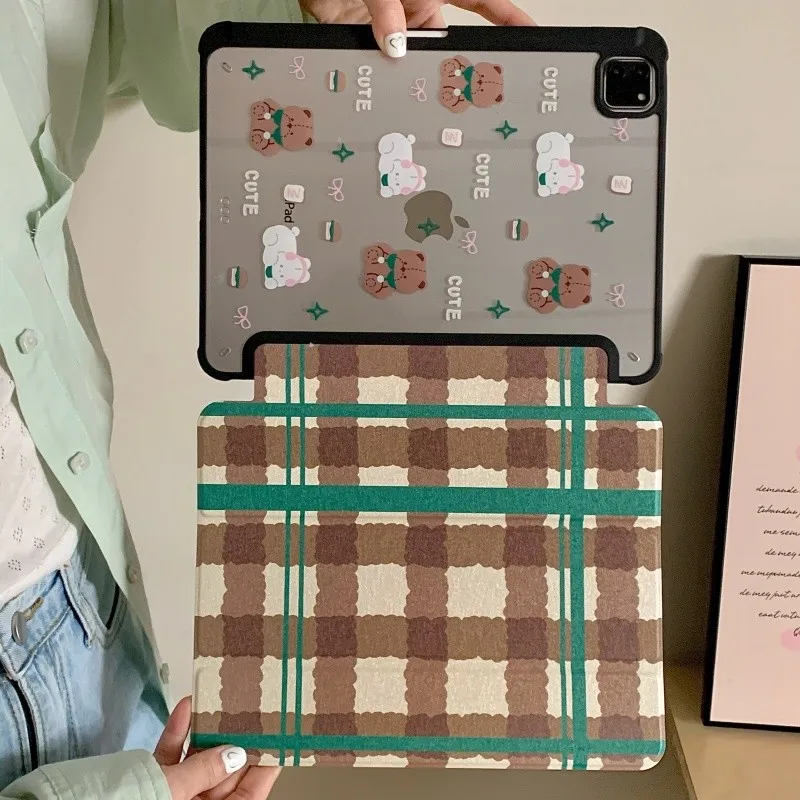 Tri-fold Stand Pencil Holder Vintage Plaid Tablet Case for iPad 7/8/9th 10.2 Air3/4/5 10th Gen Pro 10.5/10.9in Protective Cover