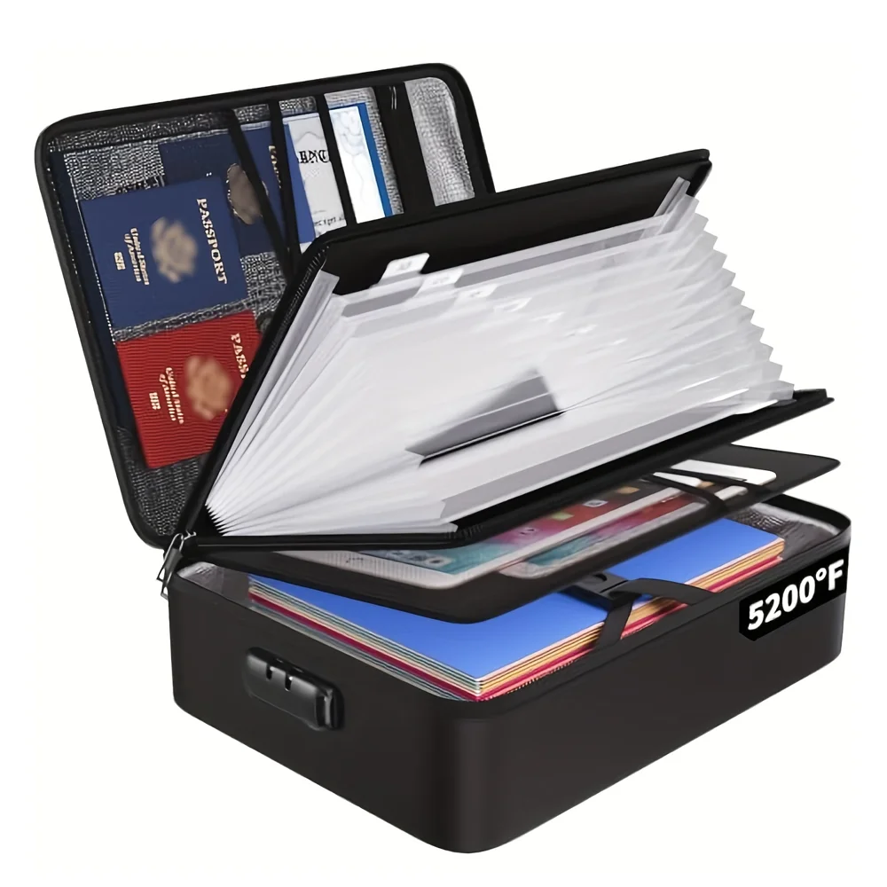 Document Storage Bag with 13 Transparent Pockets, Accordion-Style Document Folder, Fireproof Document Organize Bag with Lock