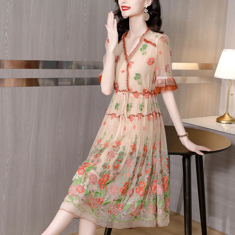 

Women Embroidery Floral Silk Ruffled V-Neck Sexy Midi Dress Summer Beach Style Butterfly Slevee Dress Korean Elegant Dress