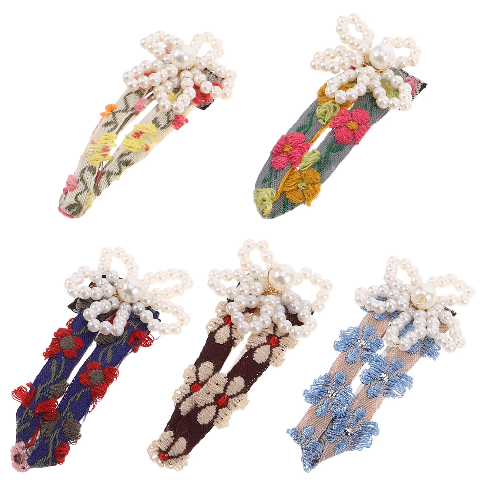 

5pcs Pearl Floral Hair Clips Embroidered Pins for Women Bridal Wedding Accessories Black Brown Blue White Green Hairpin