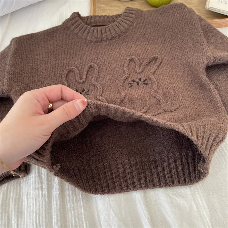 1-6Y Girls Autumn Sweaters Cartoon 3D Rabbits Knitted Toddler Baby Girls Pullovers Sweet Style Kids Girls Knitwear Outside Tops