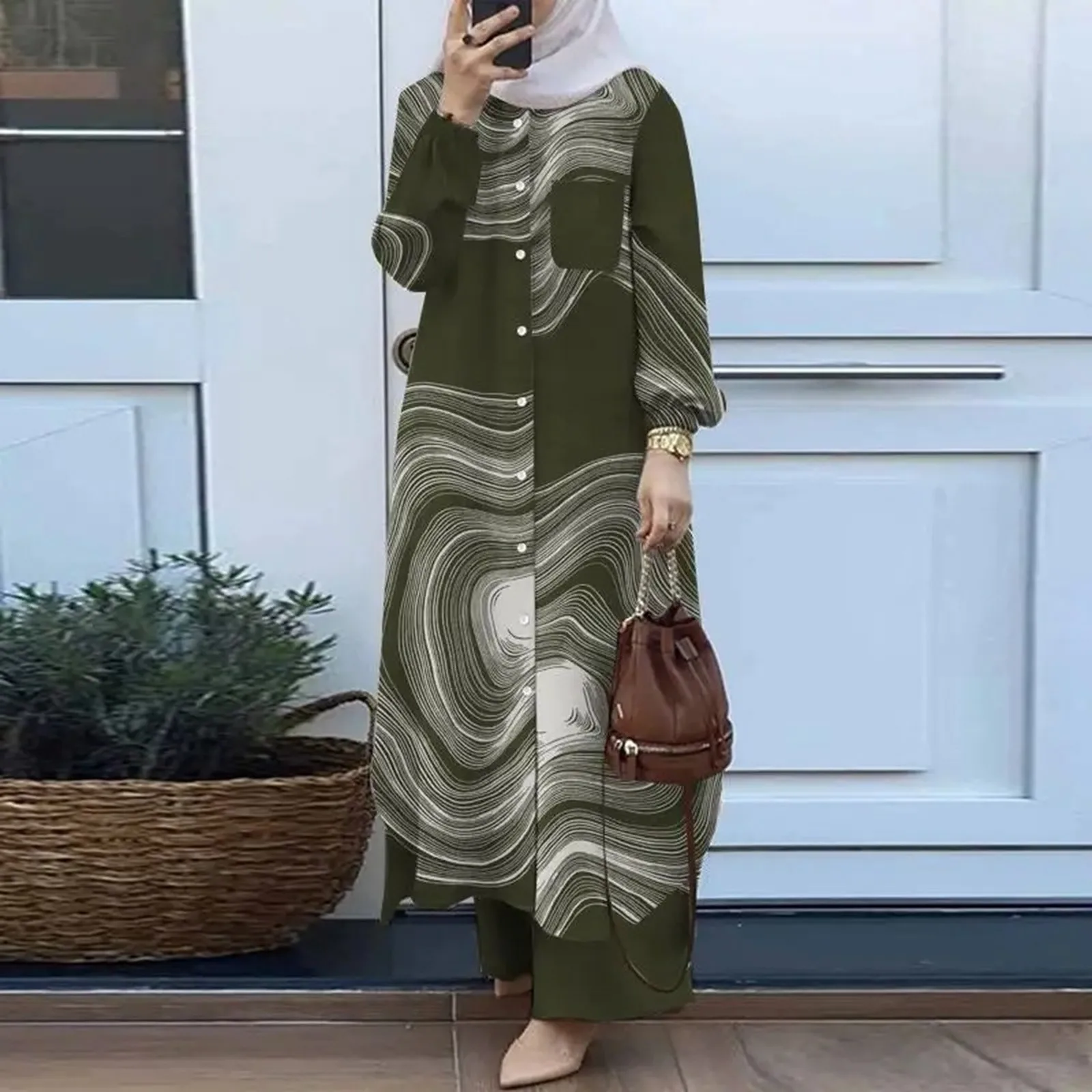 

Women's Muslim Long Sleeve Dress With Button Down Long Sleeve Round Neck Abaya Casual Dresses Dubai Turkish Sundress For Women