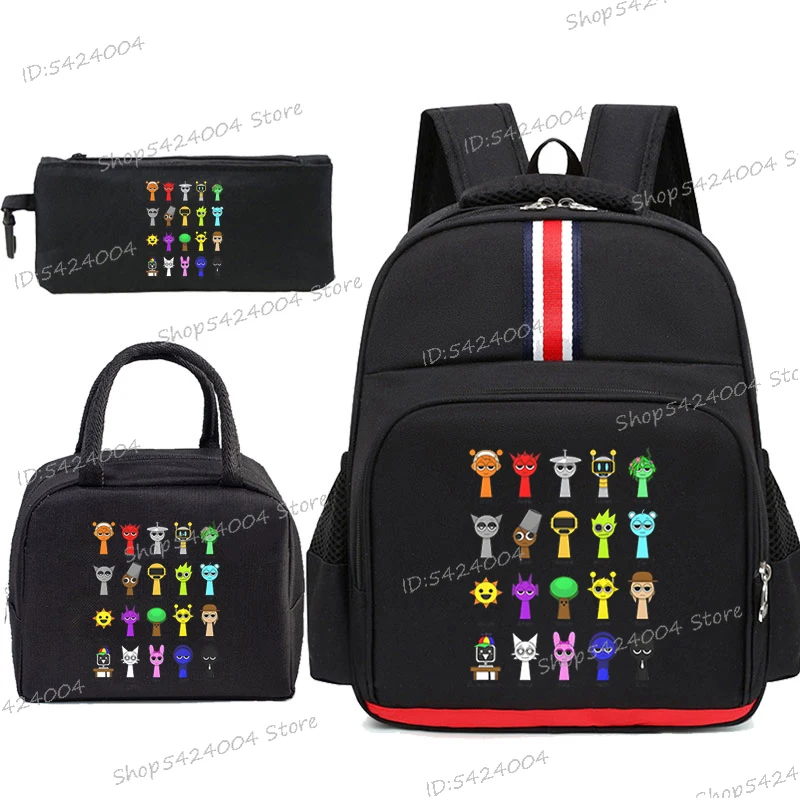 Multi-function Kids Backpack 3pcs/Set Funny Sprunki Incredibox Game Kids Lunch Bag Primary Student Cartoon Pencil Case 3pcs Set