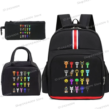 Multifunktions-Kinderrucksack, 3 Stück/Set, lustiges Sprunki Incredibox-Spiel, Kinder-Lunch-Tasche, Grundschüler, Cartoon-Federmäppchen, 3-teiliges Set