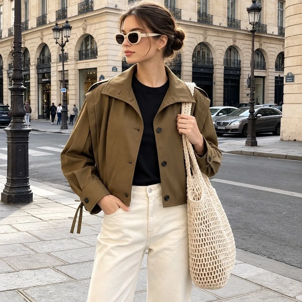 Khaki Women Cropped Trench Jacket Cropped Length Lapel Collar Casual Outerwear Strap Cuff Loose Fit Women Lapel Jacket