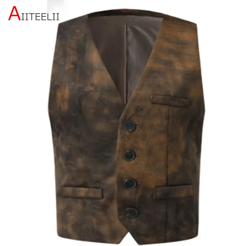 Men's Retro Cow Leather Suit Vest Steampunk Western Cowboy Style Waistcoat S-XXXL