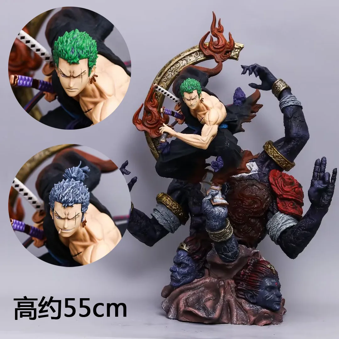 55cm One Piece Roronoa Zoro Anime Figure Ashura 9 Swords Action Figurine 2 Heads Pvc Statue Decoration Toy Gift Collection Model