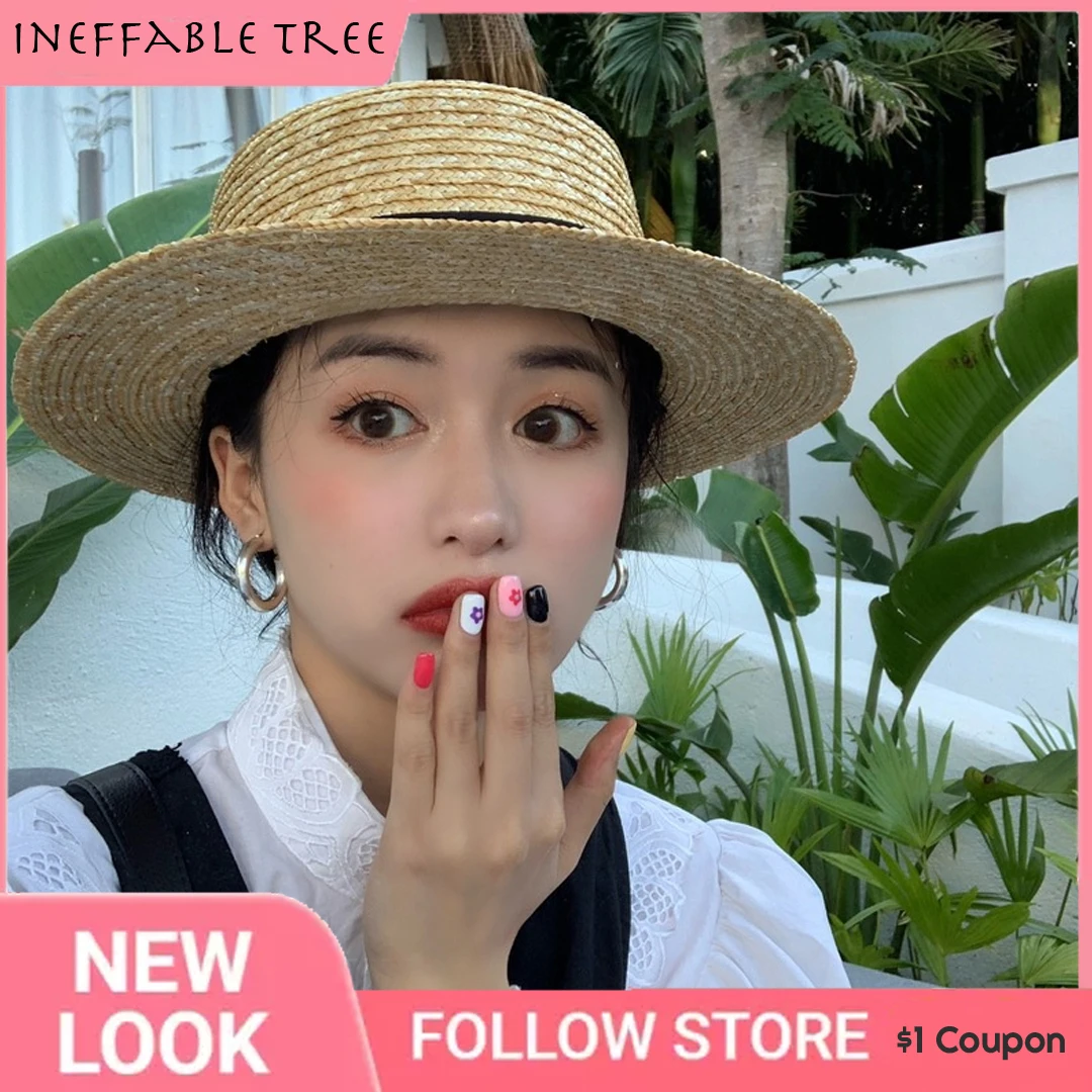 Natural Straw Hat Boater Fedora Top Flat Elegant Hats for Women Men Summer Beach Flat Brim Cap Bowknot Ribbon for Holiday Party